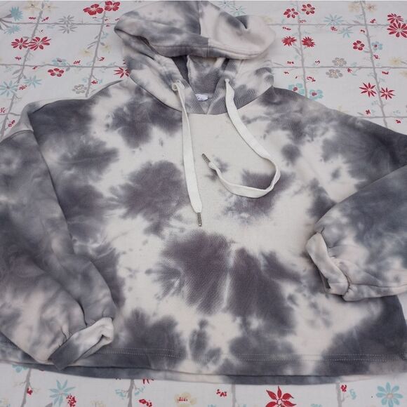 Elodie L TieDye WhiteGray Lngslvs Cropped Drawstring Women's HoodieTopSweatshirt - Picture 1 of 5